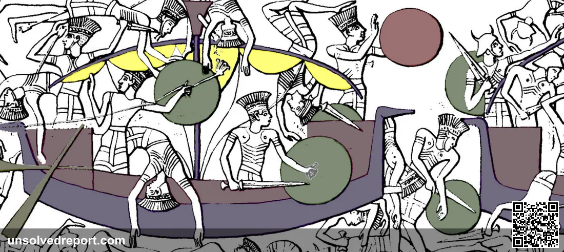 Colourised image depicting the Sea Peoples (mostly thought to be Peleset) being defeated by the army of Ramesses III in…