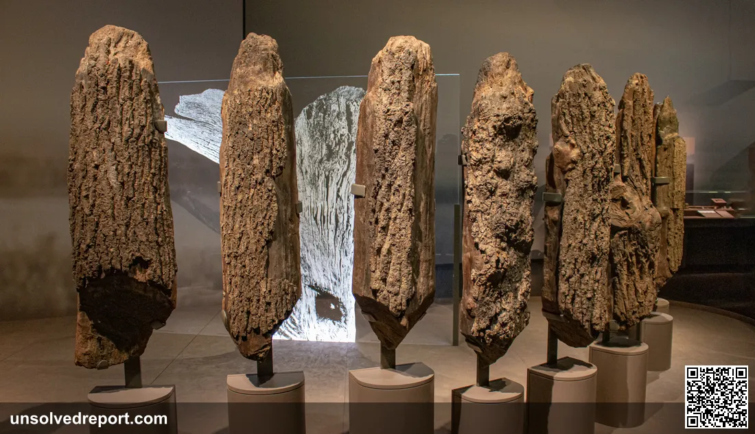 Seahenge timber posts displayed at the British Museum's World of Stonehenge exhibition — the original split oak trunks felled in 2049 BC from Holme-next-the-Sea, Norfolk