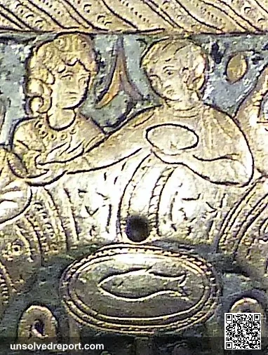 Detail of the Seuso Treasure Hunting Plate: Seuso and his wife banqueting, above a fish-filled water scene referencing Lake Balaton (Pelso).