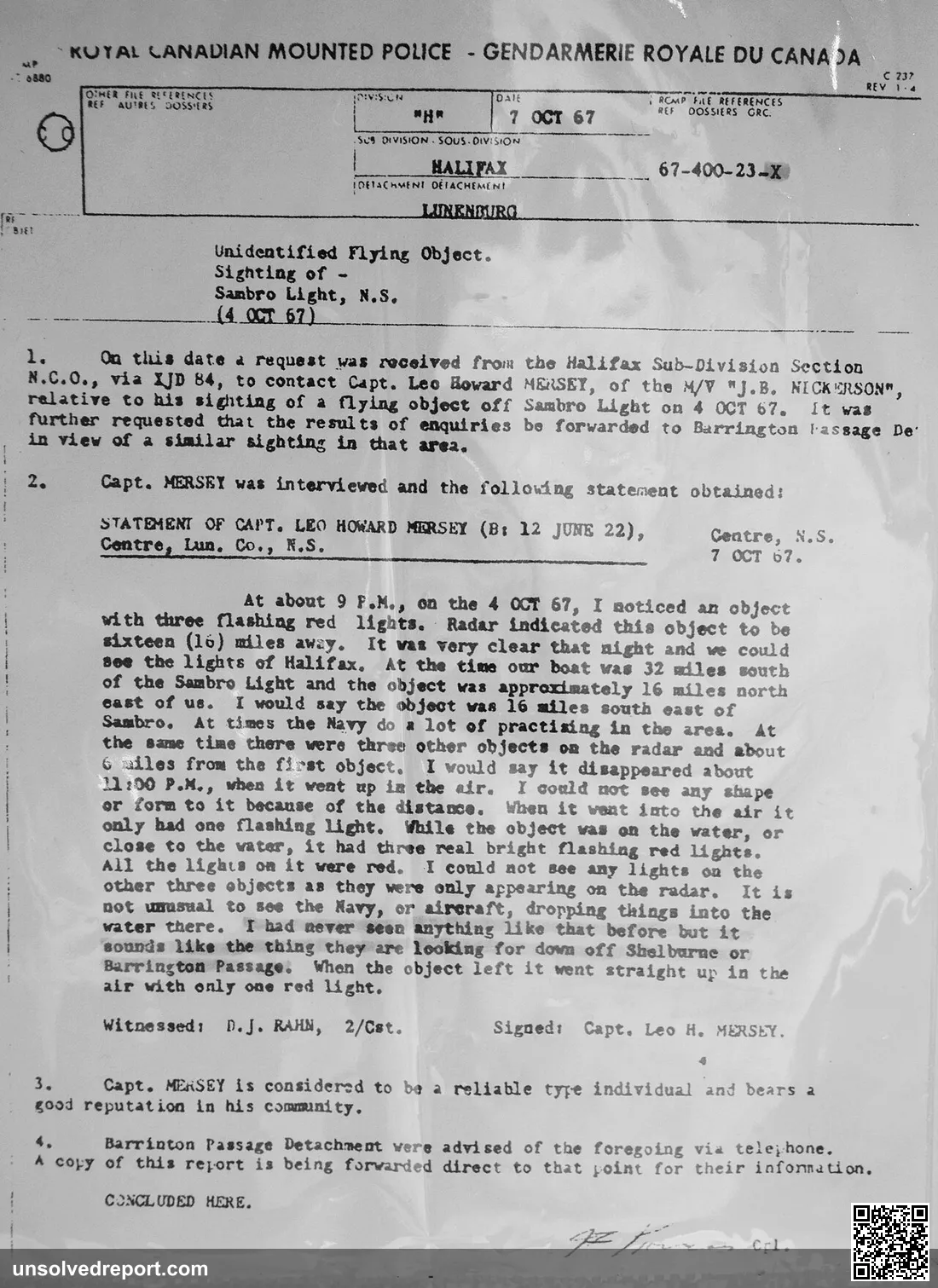 The RCMP X-file from "H" Division on October 7, 1967. Regarding Unidentified Flying Object. Sighting of Sambro Light, N…