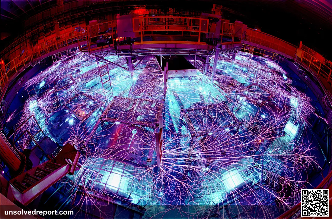Sandia National Laboratories' Z machine, the world's most powerful X-ray source, arcing during a pulse; it was used to measure iron opacity at solar-interior temperatures.