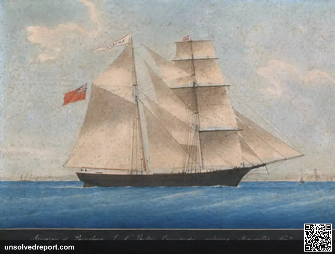 The Mary Celeste, depicted as the Amazon in 1861, the ship found drifting and crewless in the Atlantic in 1872.