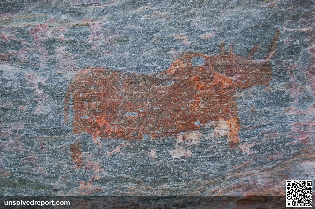 Red ochre animal rock painting in the Tsodilo Hills, Botswana
