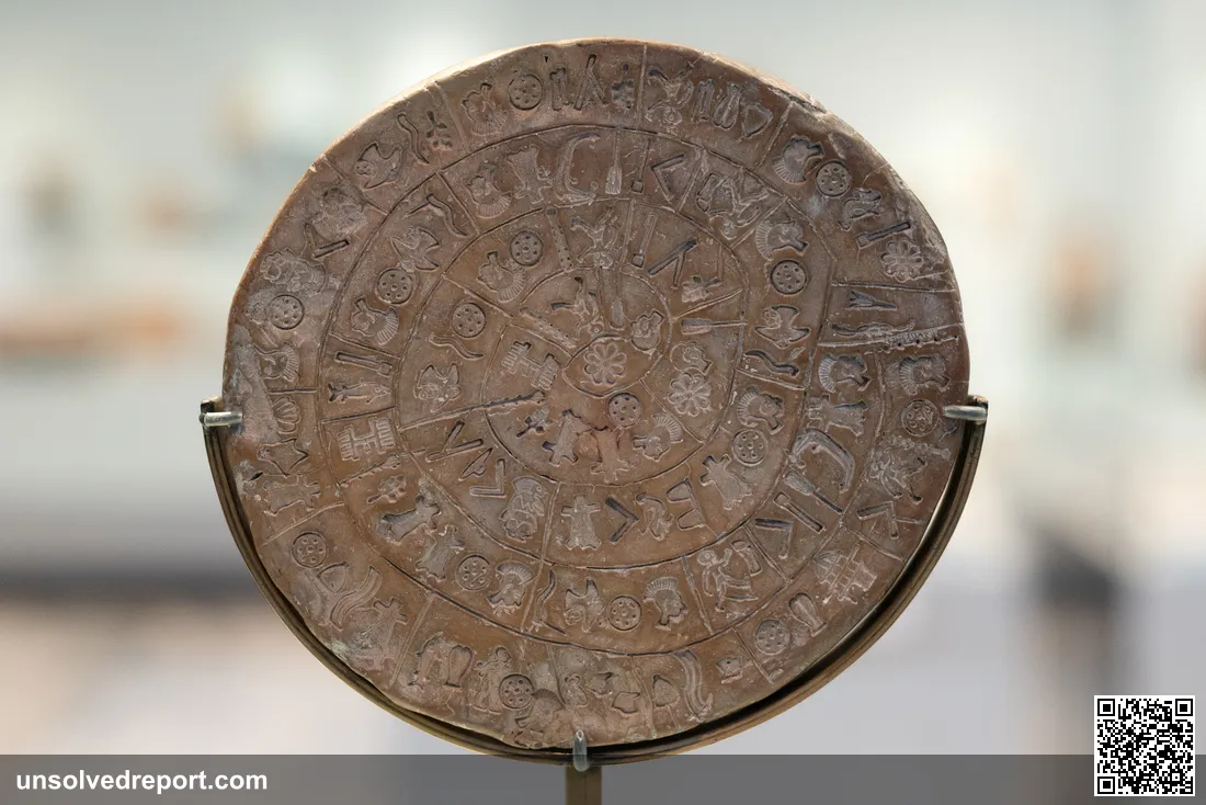 Side A of the Phaistos Disc, a fired clay disc stamped with 241 spiraling symbols that have never been deciphered.