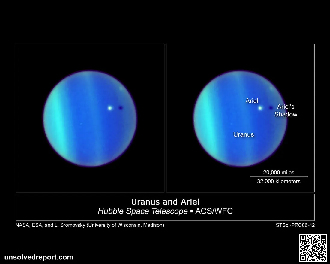 This image is a never-before-seen astronomical alignment of a moon traversing the face of Uranus, and its accompanying …