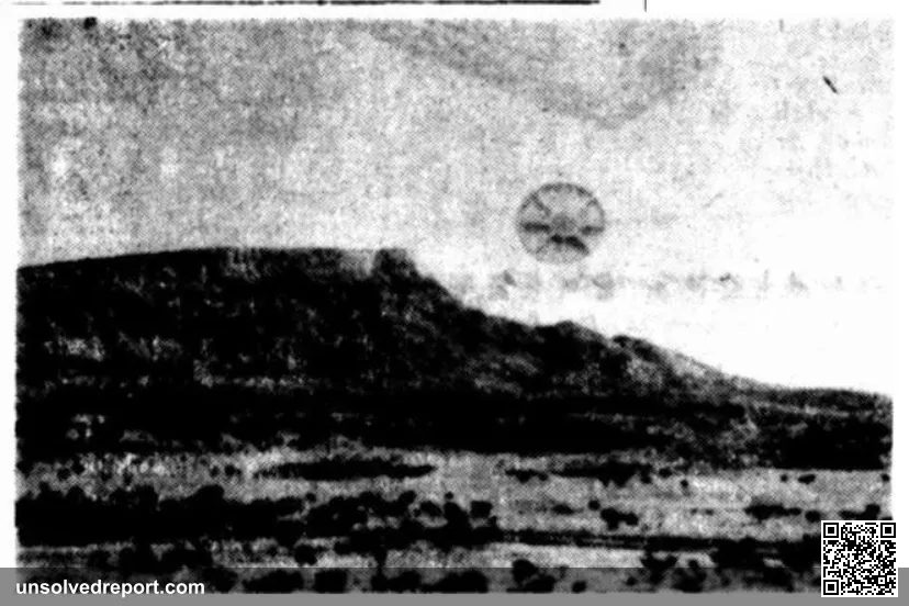 Doctored image purportedly showing a UFO sighting, published in the Centralian Advocate on 5 February 1954