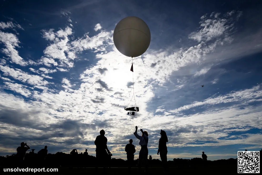A high-altitude research balloon released into the sky over an open field, illustrating the weather-balloon explanation for the Westall sighting