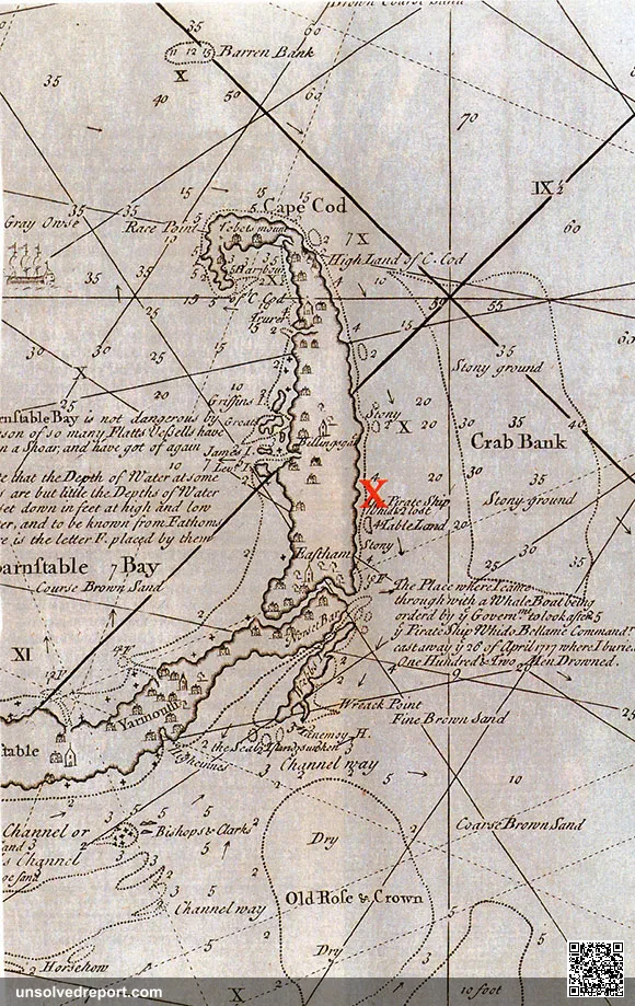 The location of the pirate ship Whydah Gally, captained by the famous "Black Sam" Bellamy, which wrecked off the coast …