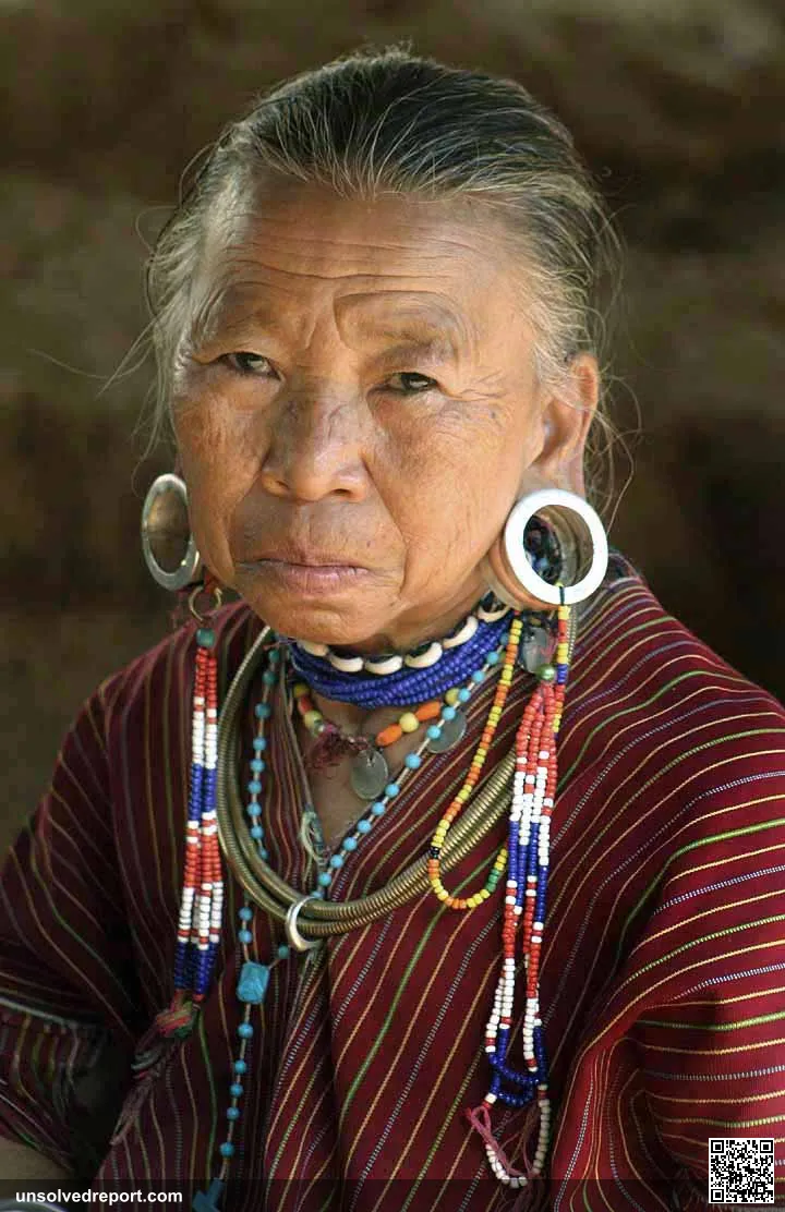 Kayaw, The Big-Ear Karen women with her traditional jewelry.
